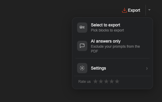 A dark menu offering “select to export” and “AI answers only”.