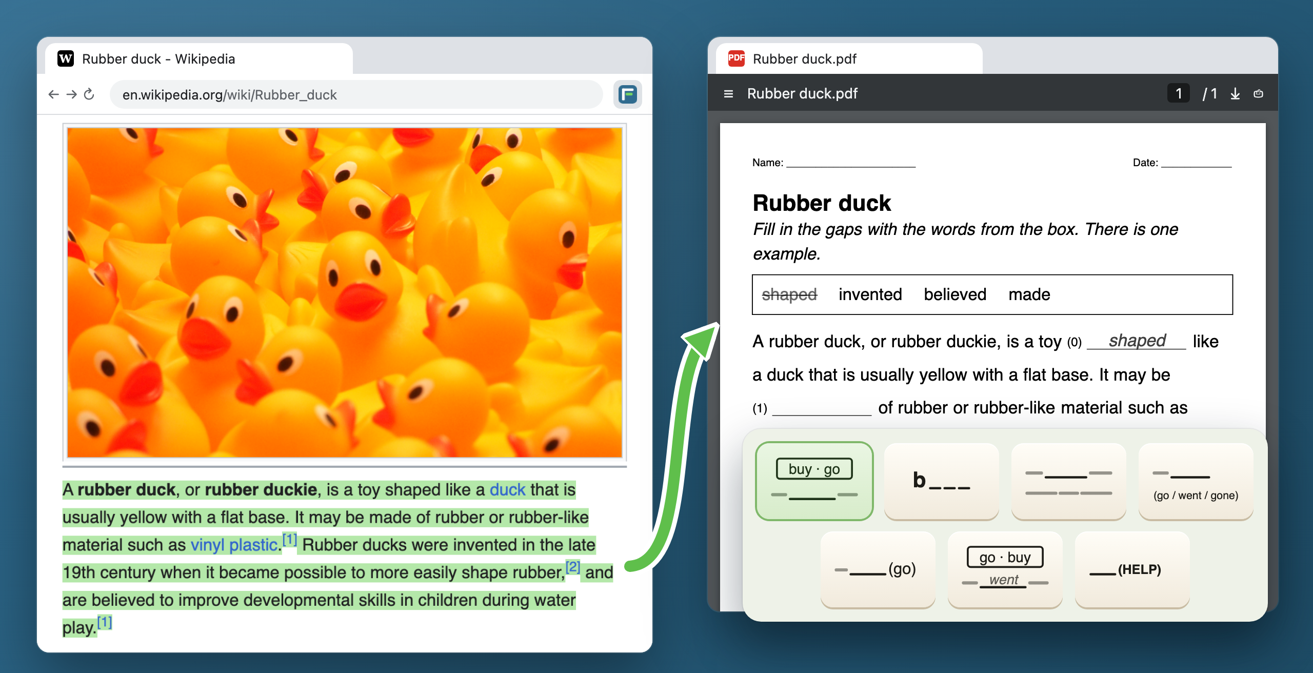 The Wikipedia article Rubber duck in Chrome with its first paragraph highlighted in green; an arrow leads to Rubber duck.pdf, a gap-fill sheet with a box of words, and below it tiles for the seven exercise kinds.