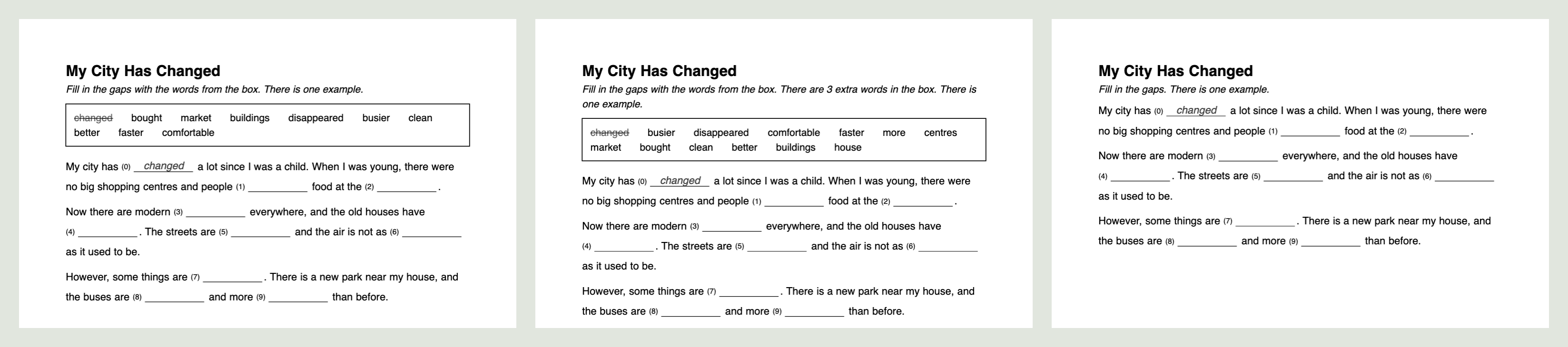 Three versions of the same sheet side by side: with a box of words, with three extra words in the box, and with no box.