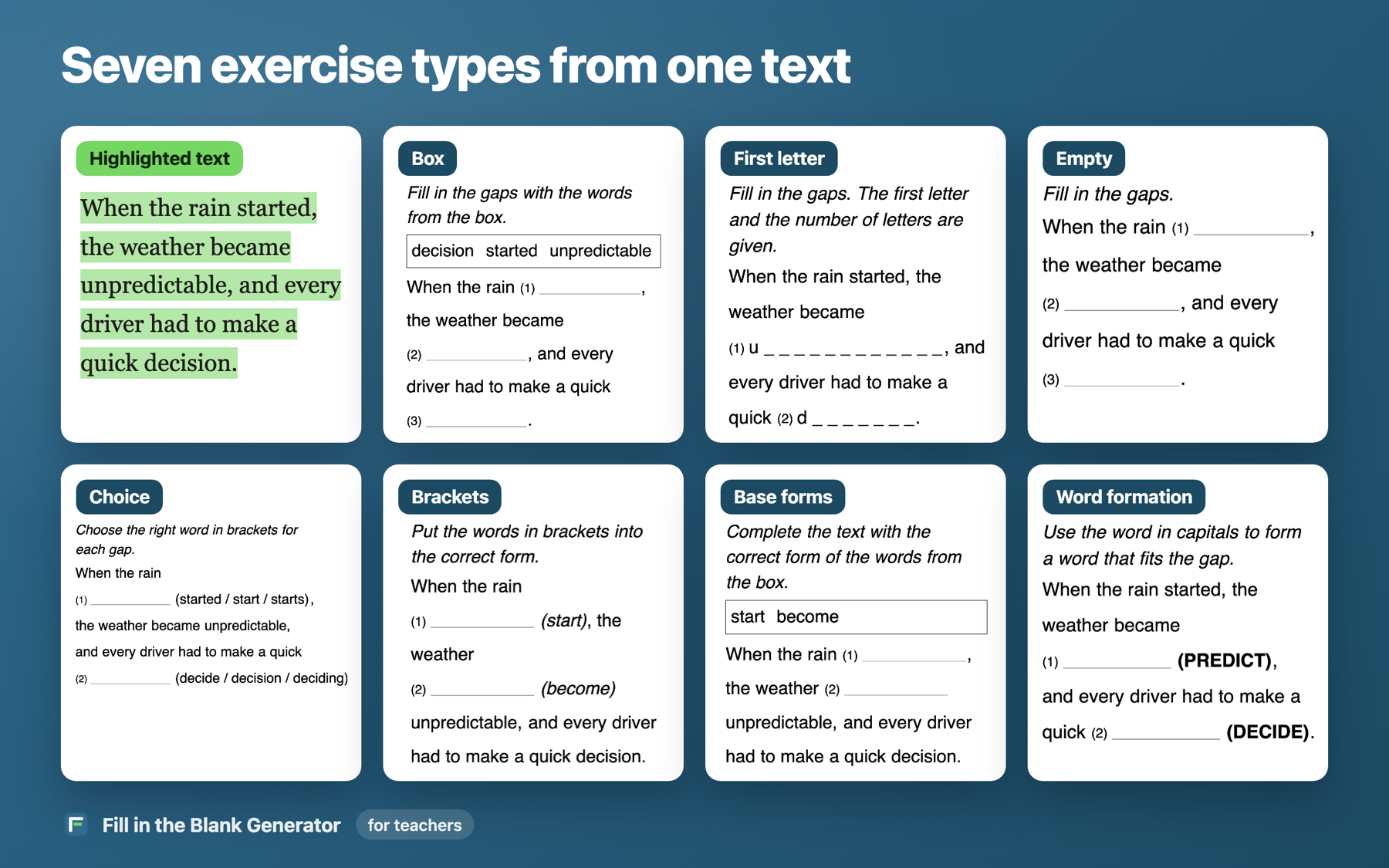 One highlighted paragraph turned into seven kinds of sheet: box, first letter, empty, choice, brackets, base forms, word formation.