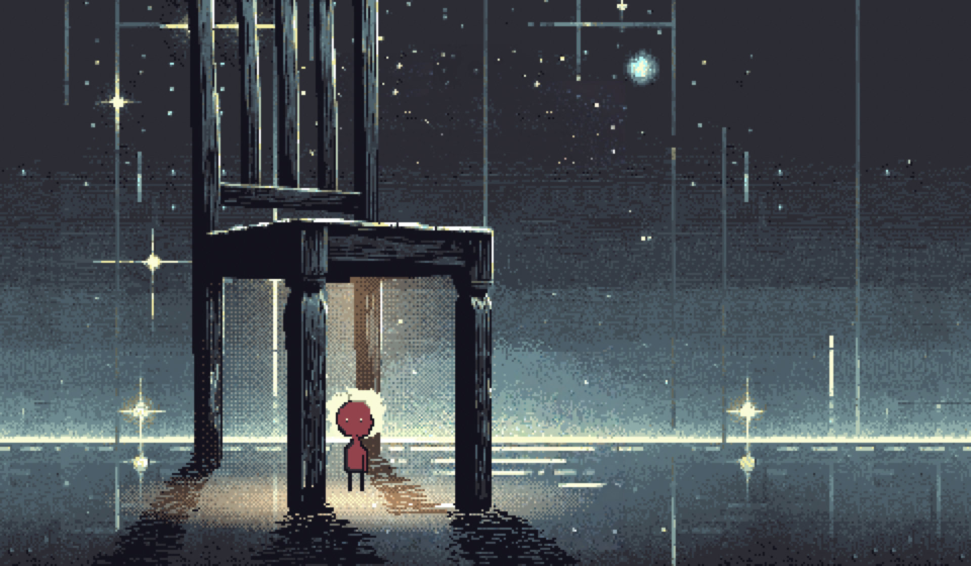 Pixel art: a huge dark wooden chair on a starry, rainy plain; under its seat a warm light, and in it a small red figure with glowing hair.