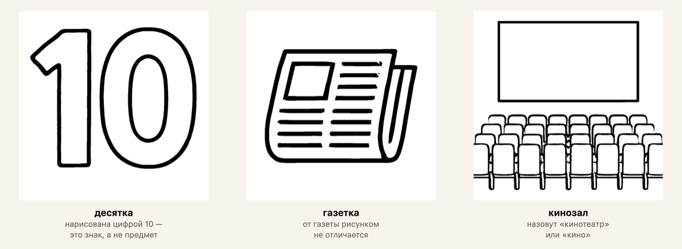 Три отклонённых рисунка рядом: цифра 10, сложенная газета и ряды кресел в зале.