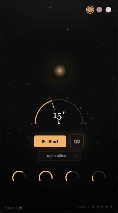 The panel at rest: a small star, the dial wound to 15 minutes, Start and infinity buttons, four knobs.