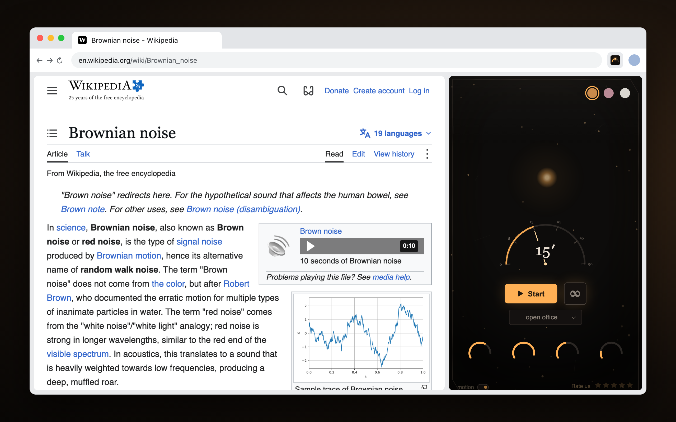 Chrome with the Wikipedia article Brownian noise on the left and the extension's side panel on the right: a small warm star, the dial wound to 15 minutes, Start, the room preset and four knobs.