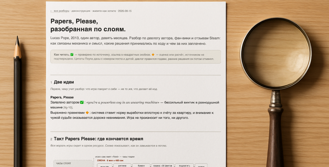 A printed page of the Papers, Please deconstruction with a pencil and a magnifying glass