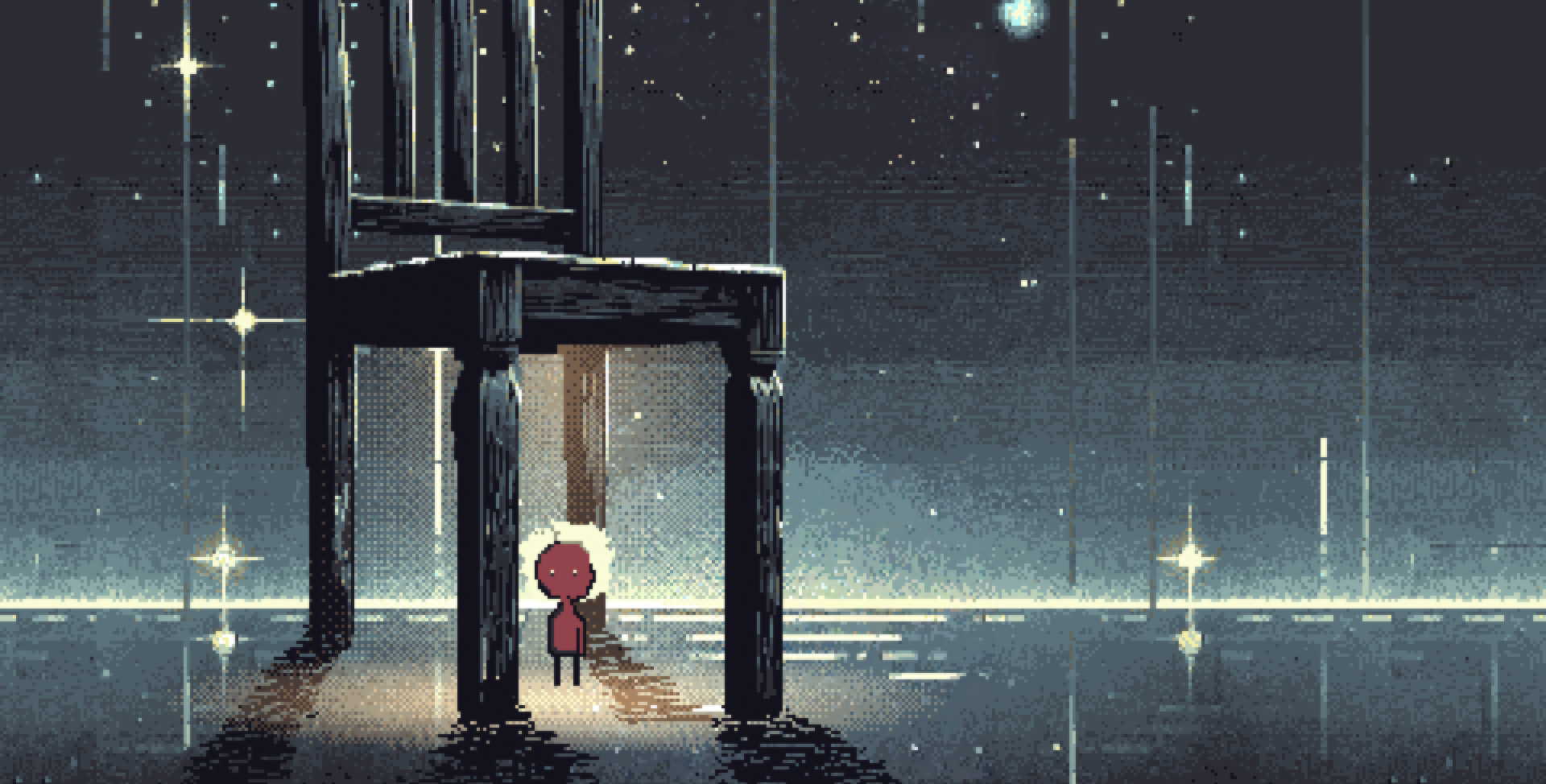 A pixel-art frame: a small red figure with glowing hair stands in a warm light under a huge chair, among stars and rain
