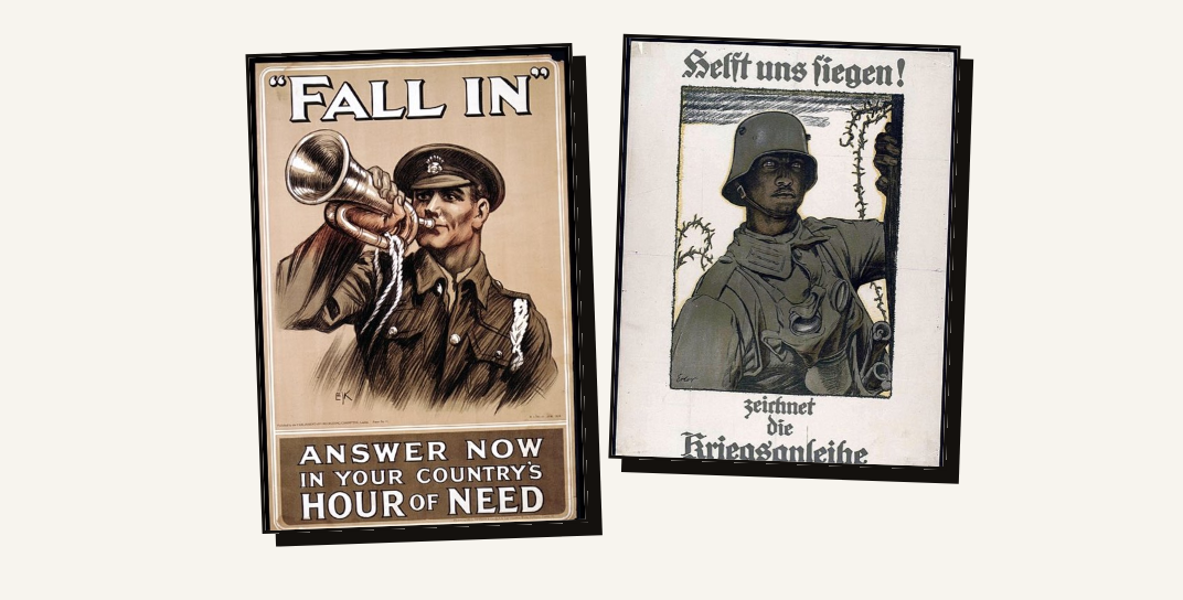 Two First World War posters side by side: a British bugler and a German soldier
