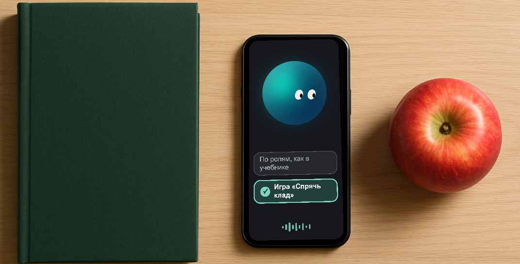 A phone on a desk showing the companion: a round character and two ways to run the exercise