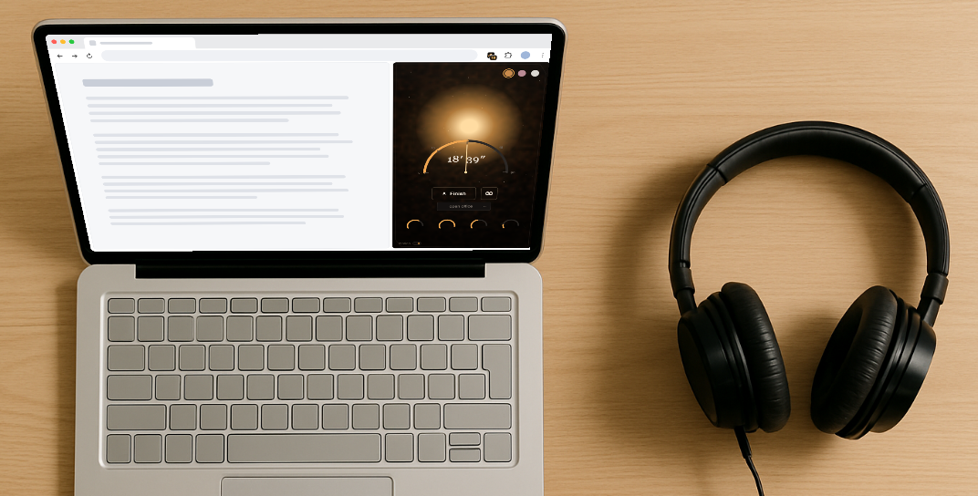 A laptop with Chrome and the noise panel open, headphones beside it